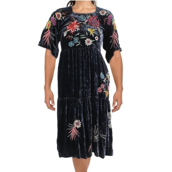 Johnny Was Embroidered Tiered Midi Dress Sz-M Midnight Blue Velvet